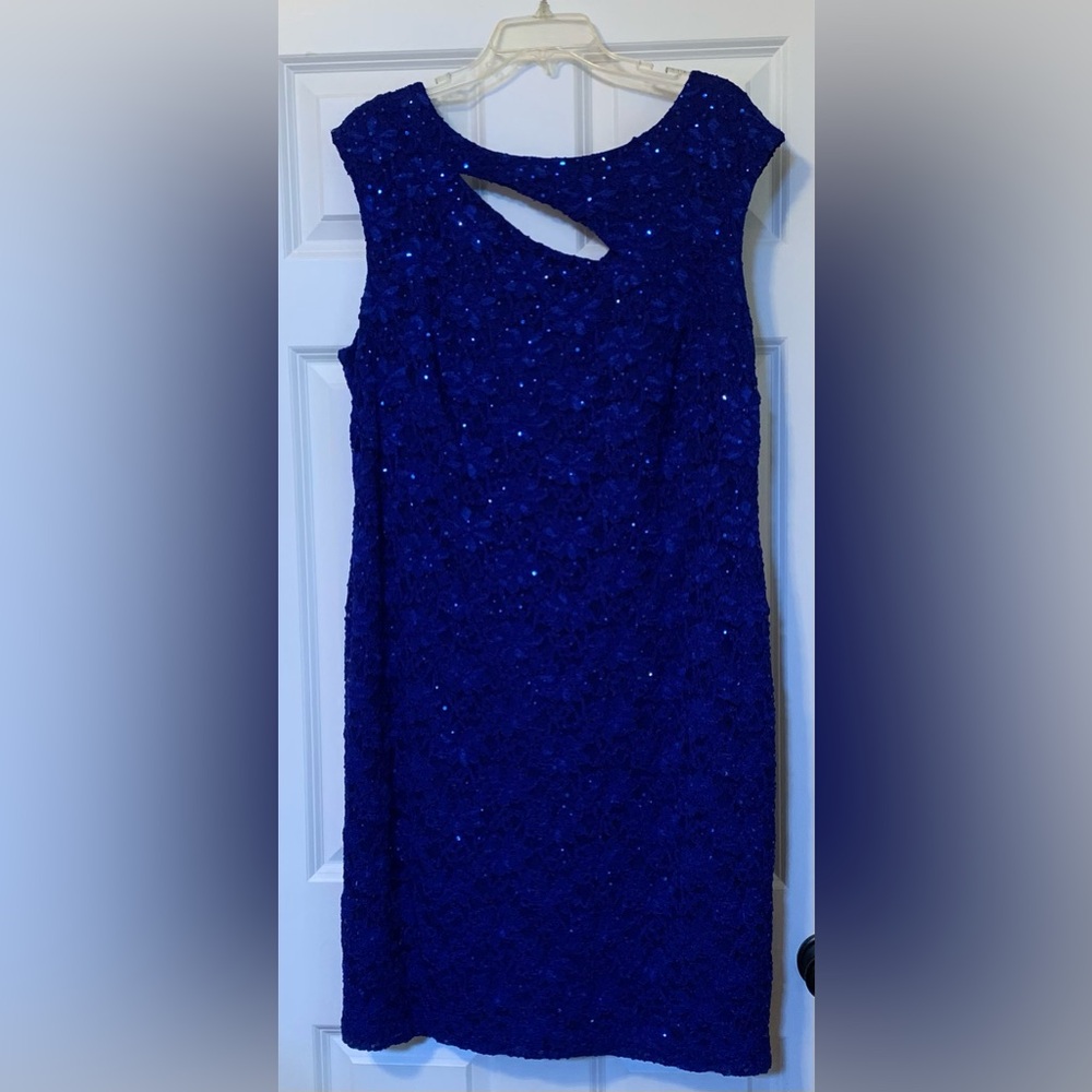 Sequined Royal Blue Lace Shift Dress Cut Out Midi Lined Party Wedding Guest